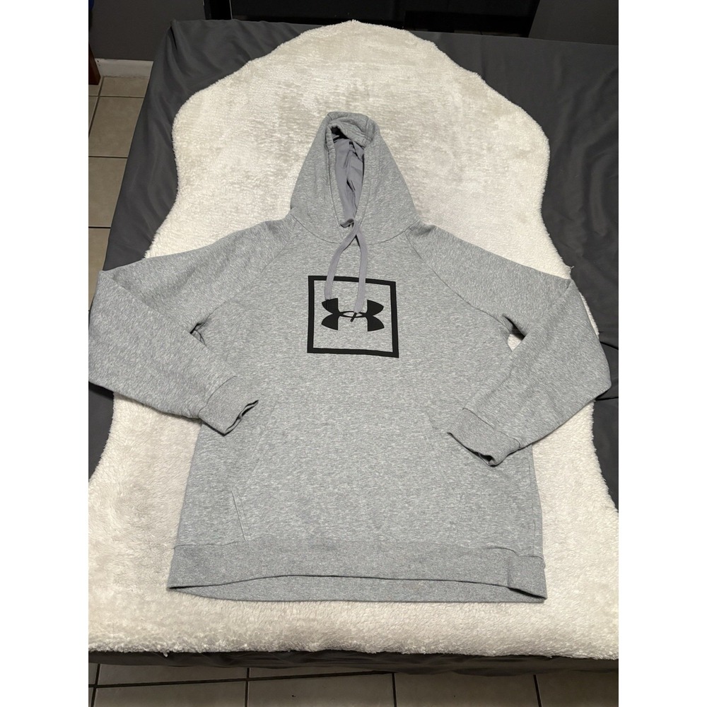 Under Armour Rival Fleece Box Logo Gray Hoodie Sweater Size XL